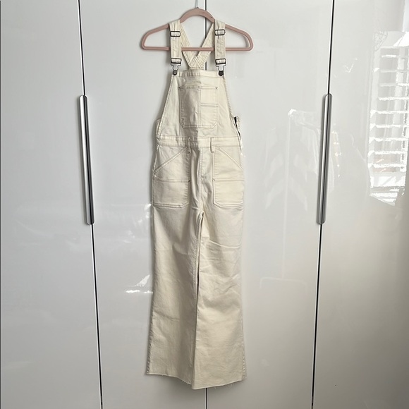 FRAME NWOT Cream Ecru Denim High Waist Flare Overalls Utility Jumpsuit, Size S - Picture 4 of 14
